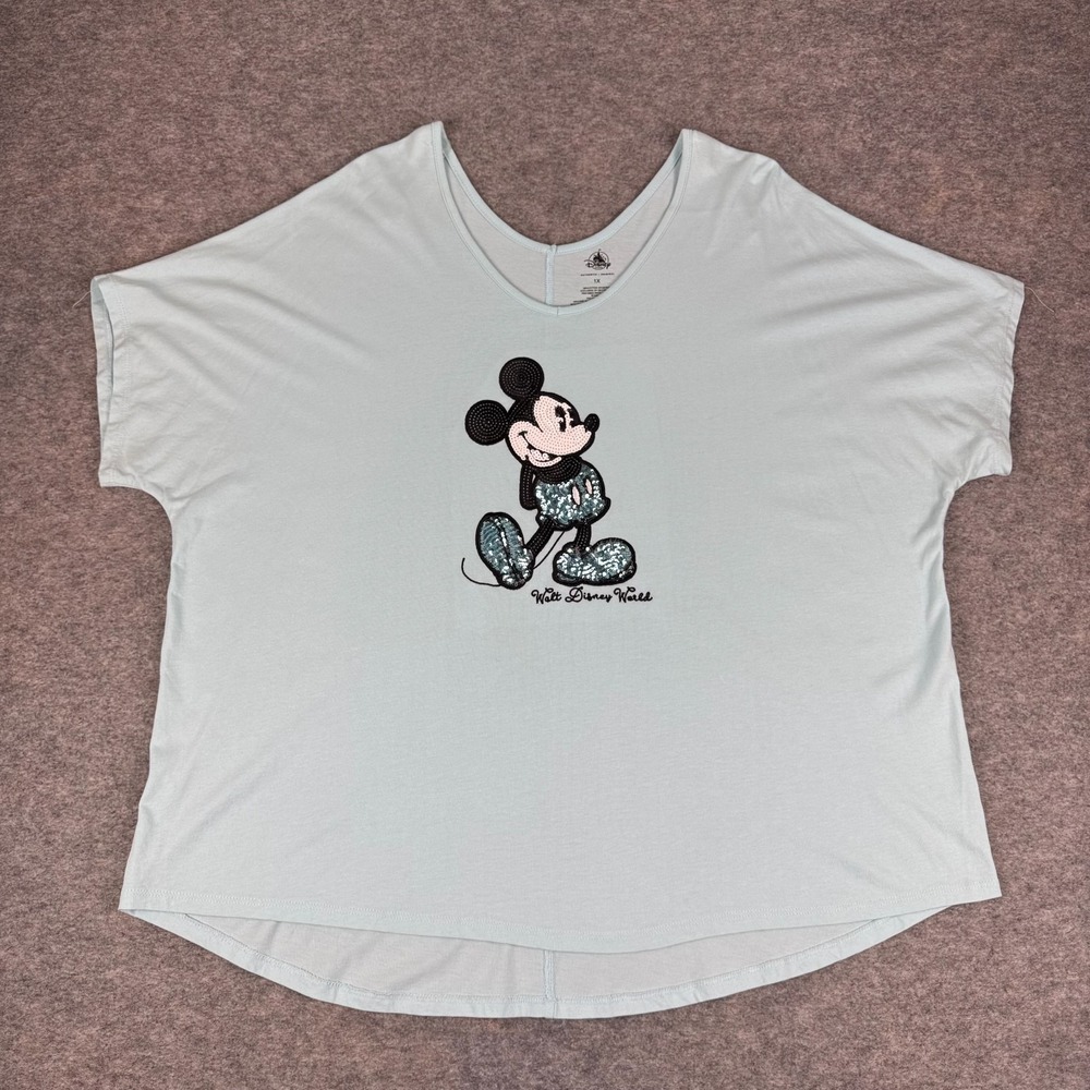 Disney Parks Mickey Mouse Blouse Sequins Embellished Blue Womens Plus 1X *